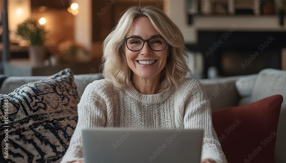 Smiling Woman Using Laptop in a Cozy Living Room Smiling Woman Using Laptop in a Cozy Living Room
