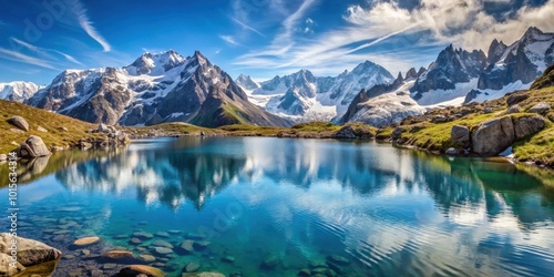 Picturesque panorama of Chesery lake and snowy Monte Bianco mountains in Chamonix, France Alps, Chesery lake photo