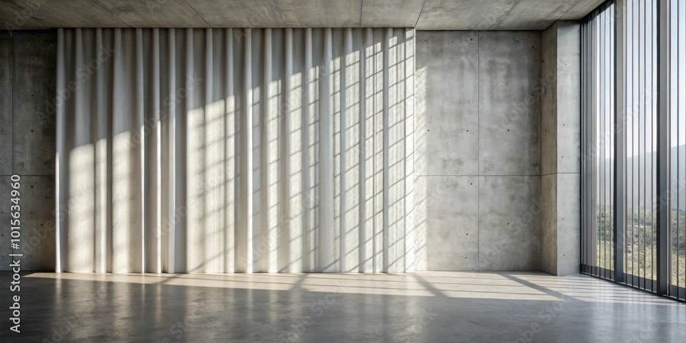 Obraz premium Sunlight streaming through minimalist curtains casting geometric shadows on a concrete wall , sunlight
