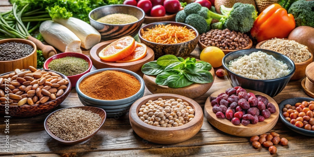 Close-up of various food products rich in essential minerals for the human body, nutrition, health, minerals, vitamins Close-up of various food products rich in essential minerals for the human body, nutrition, health, minerals, vitamins