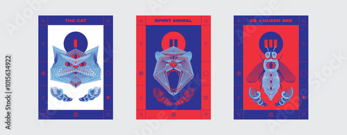 Collection of bold, modern psychedelic posters featuring abstract spirit animals. Digital illustrations of a cat, bear, and queen bee with intricate geometric designs and symmetrical patterns
