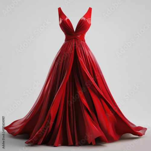 Red dress with a long train and plunging neckline, elegant and dramatic against a black backdrop.