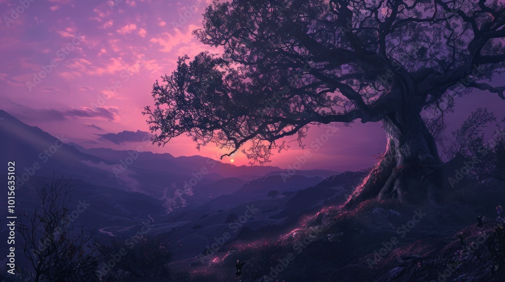 Sunset Mountain Landscape with a Majestic Tree Sunset Mountain Landscape with a Majestic Tree