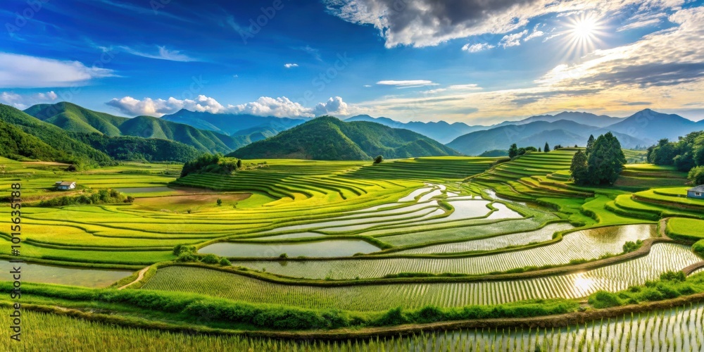 Fototapeta premium Rice fields stretching across the vast landscape of Northeast China in the month of July, rice, agriculture, crops