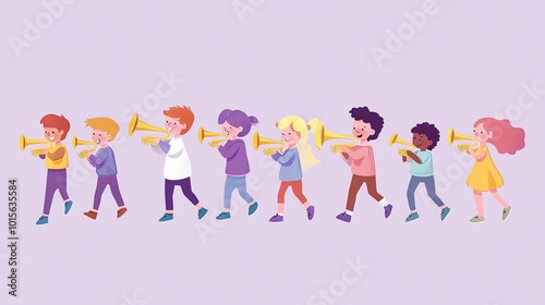 A Group of Children Playing Trumpets in a Marching Band