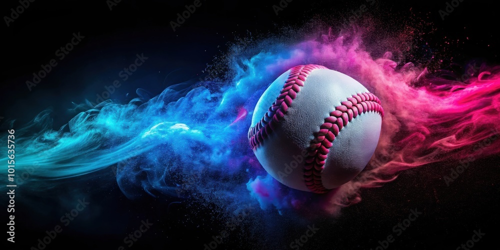Baseball ball on black background with blue and pink streaks, baseball, ball, black, background, blue, pink, steam, abstract