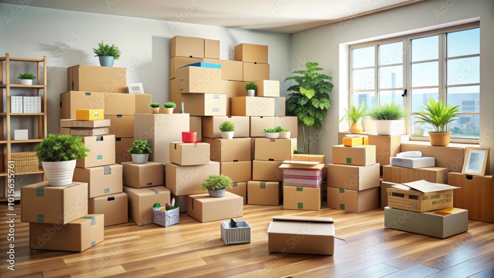Boxes stored in a cluttered room, boxes, storage, organization, cardboard, moving, relocation, clutter, mess, room, interior Boxes stored in a cluttered room, boxes, storage, organization, cardboard, moving, relocation, clutter, mess, room, interior