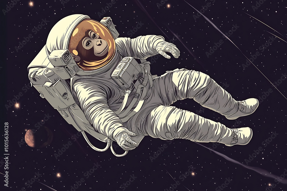 A monkey in a spacesuit floats in space, surrounded by stars and celestial bodies. A monkey in a spacesuit floats in space, surrounded by stars and celestial bodies.