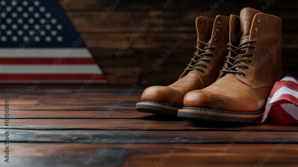 A pair of polished leather military boots is placed carefully on a folded American flag, creating a respectful tribute. The dark wooden surface adds to the solemn atmosphere A pair of polished leather military boots is placed carefully on a folded American flag, creating a respectful tribute. The dark wooden surface adds to the solemn atmosphere