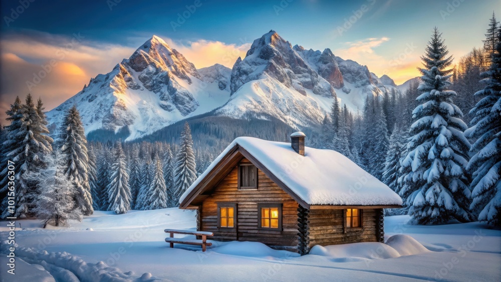 Cozy winter cabin surrounded by snow-covered mountains , Tranquil, vacation, snow, mountains, cabin Cozy winter cabin surrounded by snow-covered mountains , Tranquil, vacation, snow, mountains, cabin