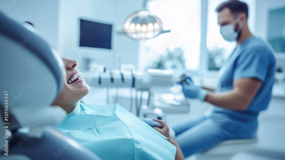Obraz premium A patient smiles in a dental chair while a dentist prepares for an examination.