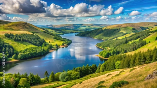 Beautiful view of Llyn Clywedog reservoir in summer, showing the stunning landscape of Wales from the mountains above