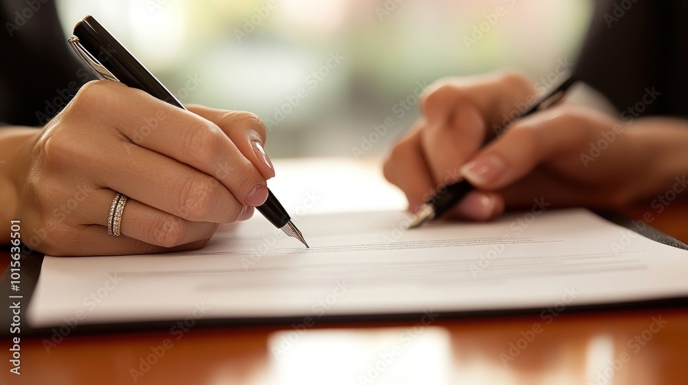 Two hands signing documents on a table, indicating a formal agreement or transaction. Two hands signing documents on a table, indicating a formal agreement or transaction.
