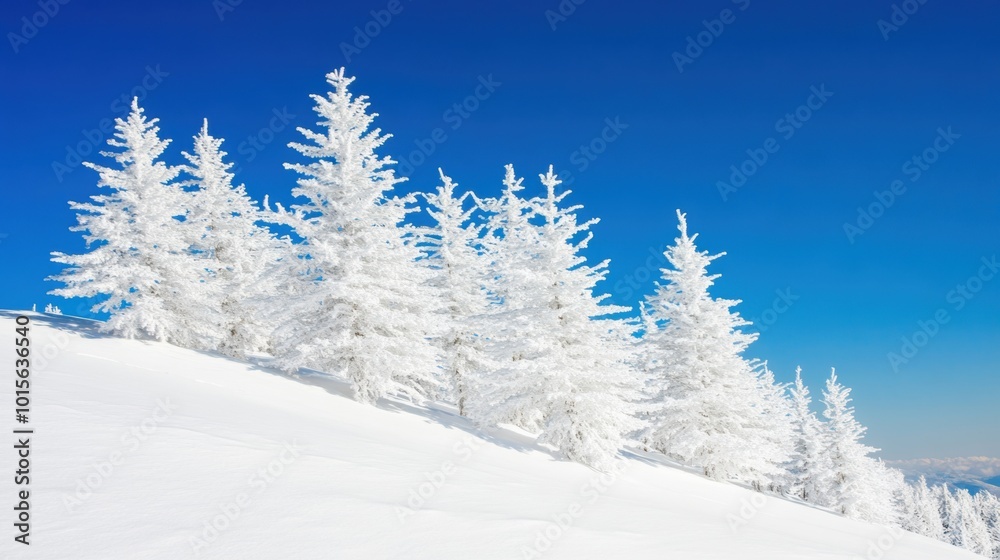 Snow-dusted pine trees create a stunning winter landscape, their branches adorned with white snow against a bright blue sky Snow-dusted pine trees create a stunning winter landscape, their branches adorned with white snow against a bright blue sky