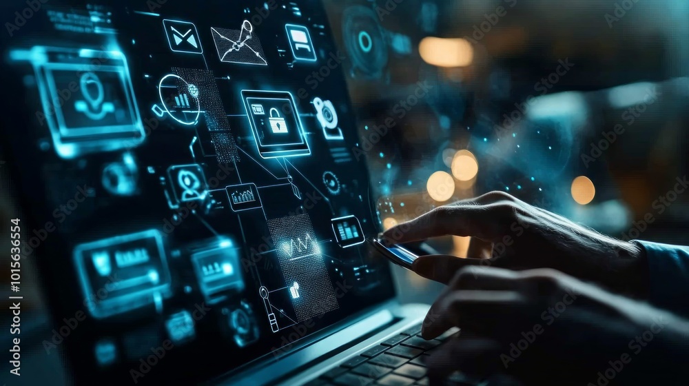 A person's hands are shown using a laptop and a smartphone, with a holographic projection of various digital icons floating above the laptop. A person's hands are shown using a laptop and a smartphone, with a holographic projection of various digital icons floating above the laptop.