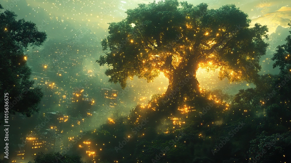 Fototapeta premium Giant trees dominate an abandoned city, fireflies flitting through the twilight as nature reclaims the space.