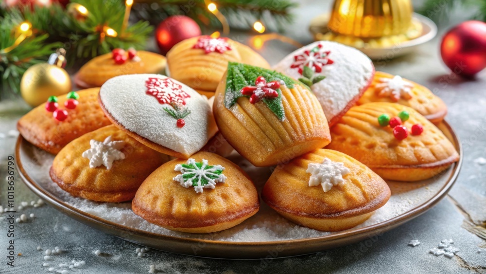 French madeleine sponge cake decorated with Christmas motifs, madeleine, sponge cake, French, Christmas, festive, holiday French madeleine sponge cake decorated with Christmas motifs, madeleine, sponge cake, French, Christmas, festive, holiday