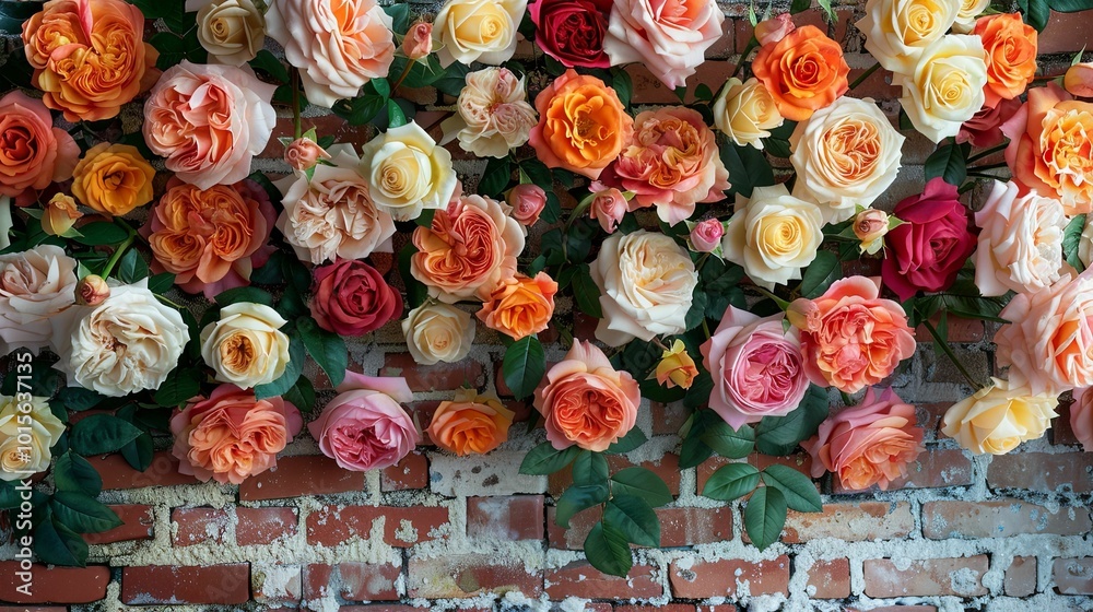 A Brick Wall Covered in a Variety of Colorful Roses A Brick Wall Covered in a Variety of Colorful Roses
