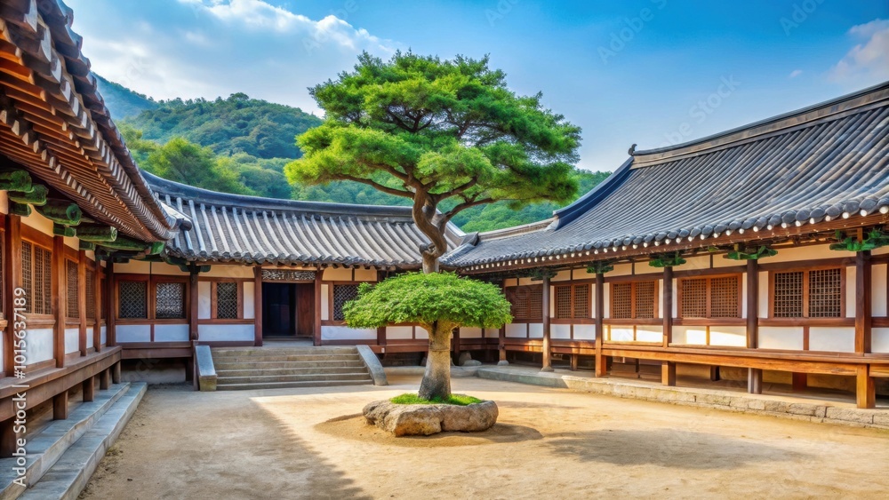 Courtyard of Korean Confucian Academy with small tree and eastern dormitory in Byeongsan Seowon, Andong , Korea Courtyard of Korean Confucian Academy with small tree and eastern dormitory in Byeongsan Seowon, Andong , Korea