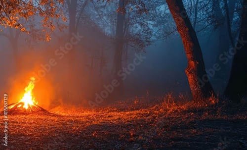 A serene campfire scene surrounded by trees in a misty forest, creating a warm and tranquil atmosphere.