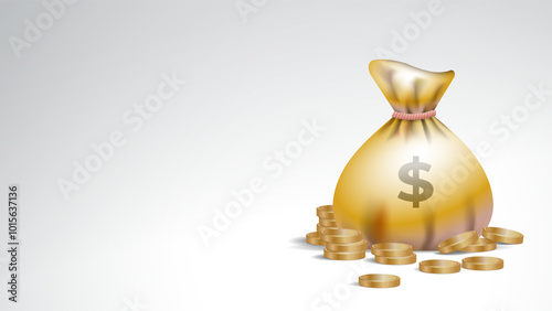 A 3D illustration of a golden money bag with a dollar sign and a pile of golden coins on a white background with blank space for text, symbolizing wealth, savings, financial success and abundance