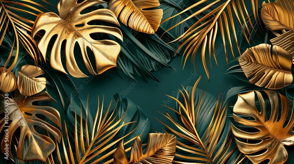 Golden Tropical Leaves Frame on Teal Background Golden Tropical Leaves Frame on Teal Background