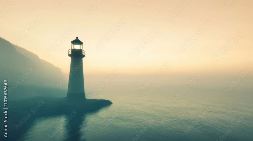A lighthouse stands quietly in the mist, casting its light across calm waters during the peaceful twilight hours A lighthouse stands quietly in the mist, casting its light across calm waters during the peaceful twilight hours
