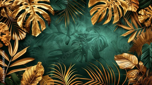 Golden and Green Tropical Leaves on a Textured Background