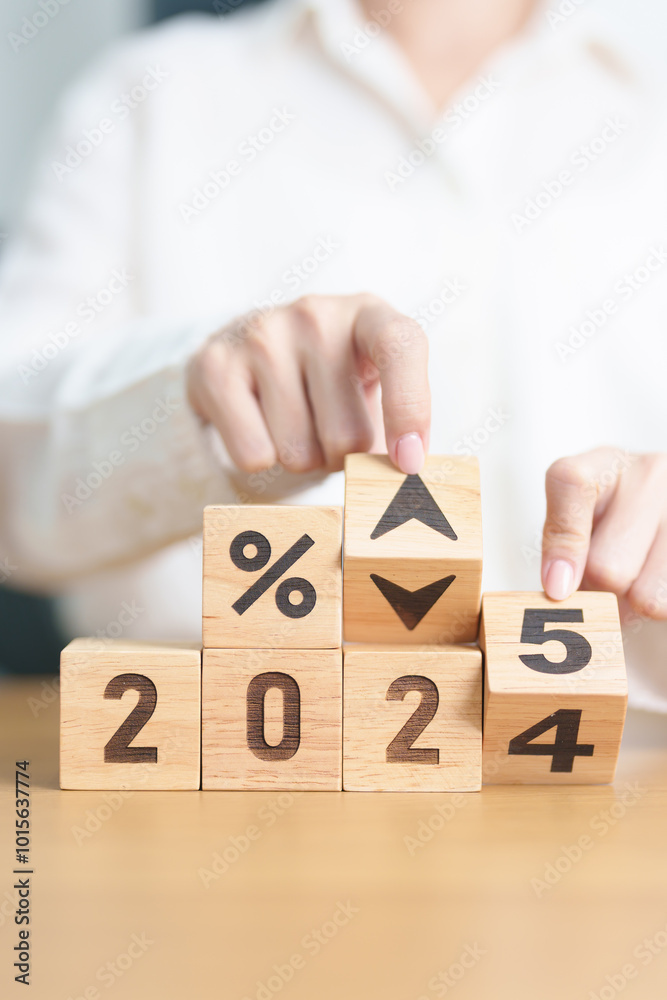 Naklejka premium 2024 to 2025 New year with percentage change to UP and Down arrow. Interest rate, GDP, stocks market, financial, deflation and Inflation, mortgage, debt, Loan and Economic Recession