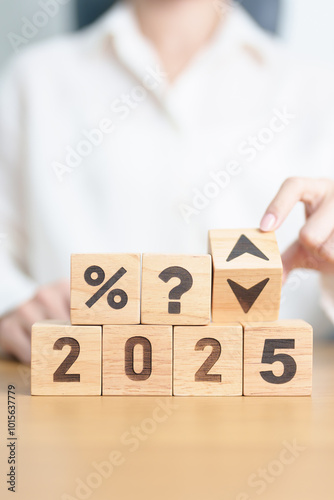 2025 New year with questions mark and percentage icon. Interest rate, GDP, stocks market, financial, deflation and Inflation, mortgage, debt, Loan and Economic Recession