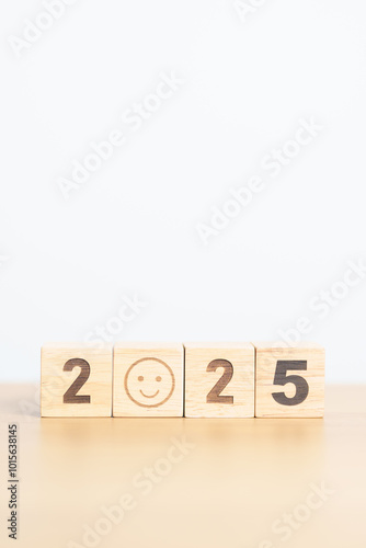 Happy New Year 2025 with Smile block. Satisfaction, feedback, Review, mental health, eco sustainable and good concept