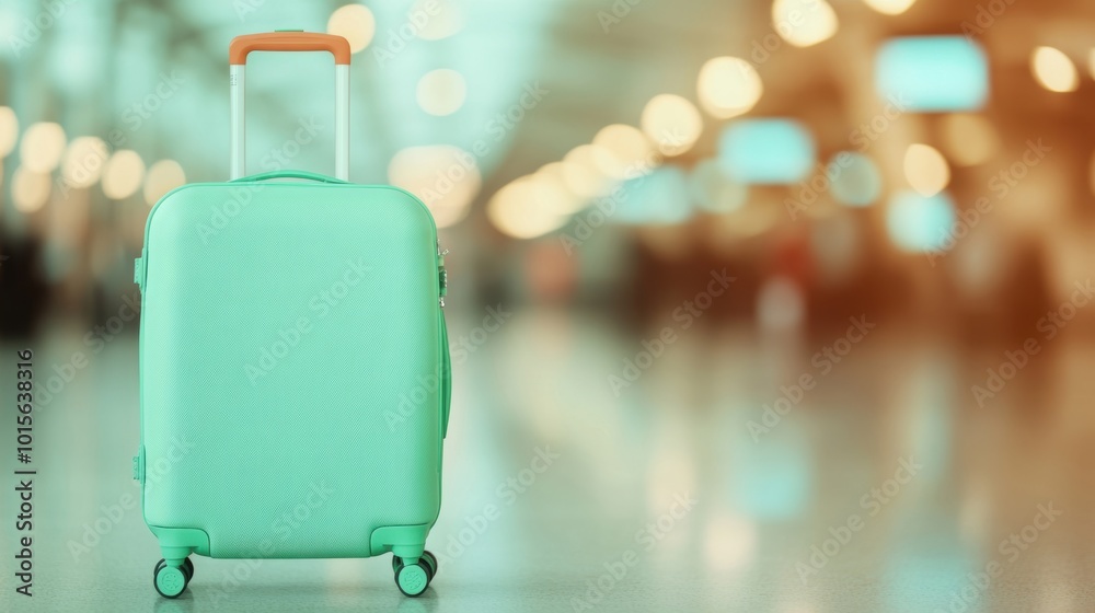 Obraz premium A green suitcase stands alone at the airport terminal, surrounded by travelers and bright lights, conveying a sense of anticipation