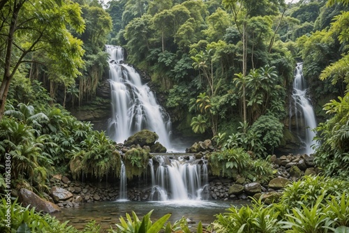 A beautiful waterfall flowing through lush greenery in a tropical forest, perfect for nature, travel, or relaxation themes. 