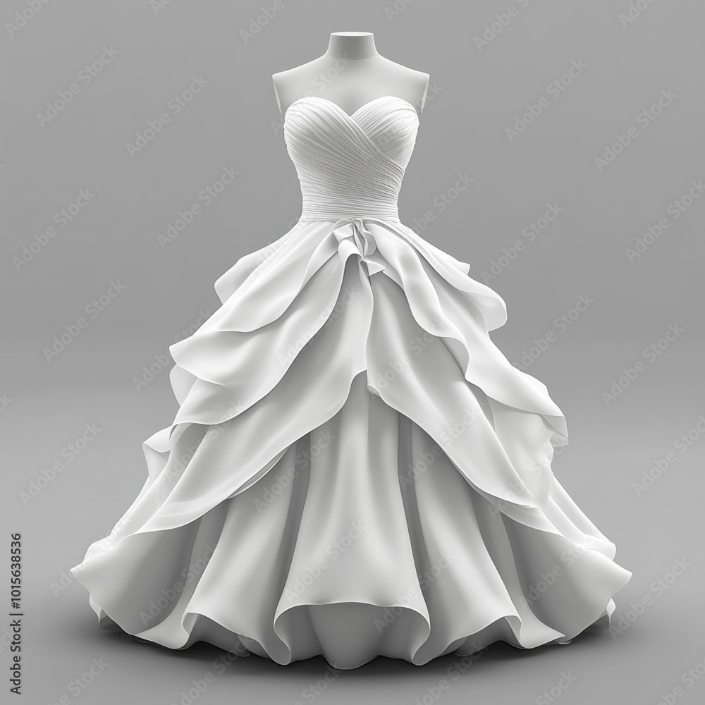 White wedding dress on mannequin in elegant bridal shop window display.