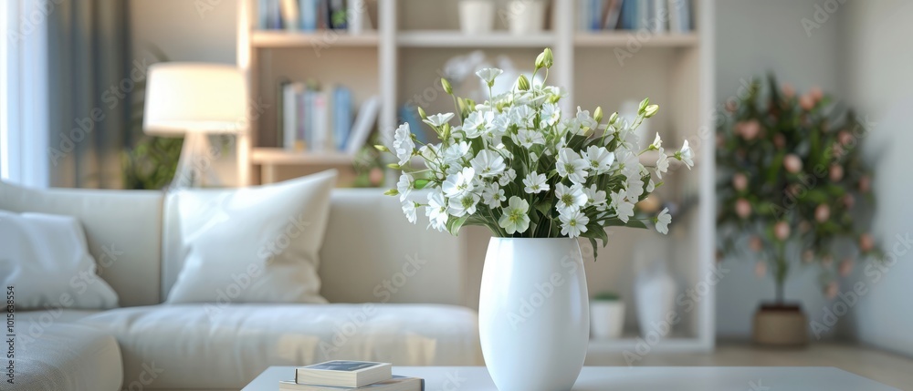 White vase with beautiful bouquet of flowers, books, lamp on table, sofa and shelving unit in interior of living room White vase with beautiful bouquet of flowers, books, lamp on table, sofa and shelving unit in interior of living room