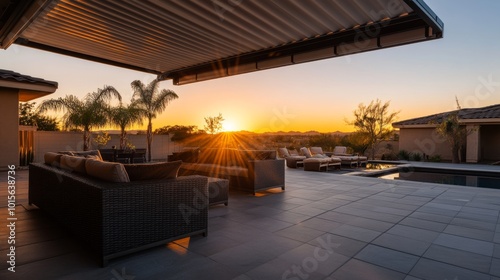 A sleek outdoor space features contemporary wicker furniture arranged beneath a stylish awning, illuminated by the warm glow of the setting sun casting long shadows