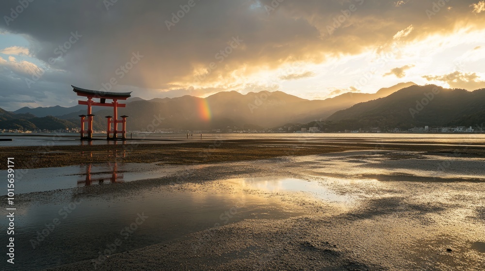 A red torii gate stands in the shallow water of a bay at sunset, with a rainbow arching over the distant mountains. A red torii gate stands in the shallow water of a bay at sunset, with a rainbow arching over the distant mountains.