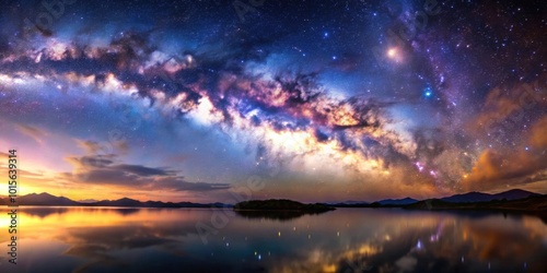 Landscape of the Milky Way galaxy with the Lagoon nebula and Galaxy M87 in the background, Milky Way, Lagoon nebula