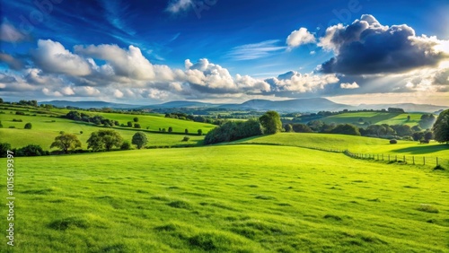 Empty green grass field with panoramic views, perfect for grazing livestock and agricultural activities, farmland