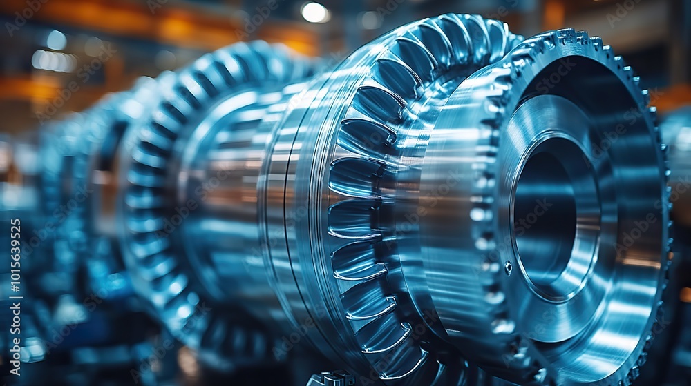 Macro shot of blue-colored steel blades on a turbine propeller, symbolizing modern industrial technology advancements.