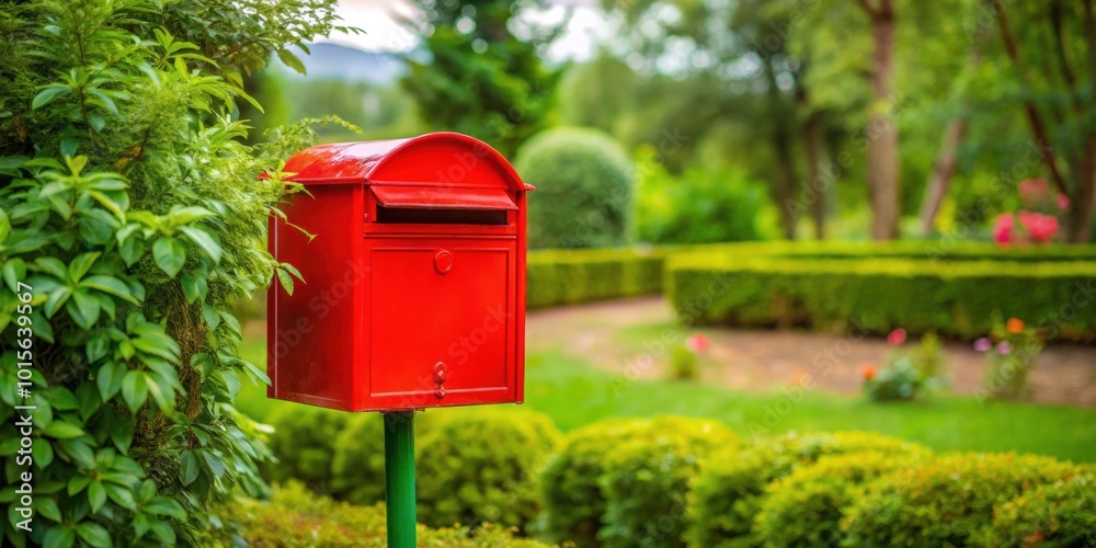 A close-up photo of a red letterbox in a green garden , mail, post, delivery, communication, mailbox, postal, letters A close-up photo of a red letterbox in a green garden , mail, post, delivery, communication, mailbox, postal, letters