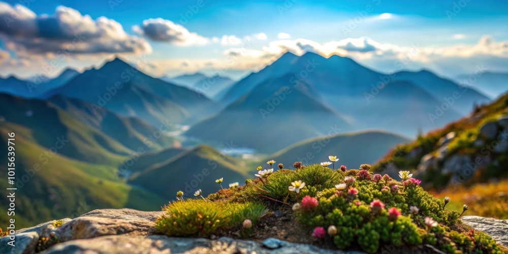 Naklejka premium Miniature flora decorating the majestic mountain scenery, miniature, flora, mountain, scenery, nature, beauty, tiny