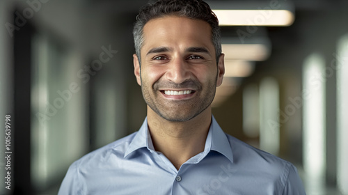 portrait of a smiling Businessman with short hair and a beard wearing a light blue shirt, background is office space.