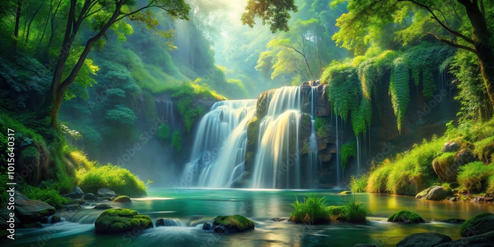 Waterfall cascading down lush greenery in a serene nature painting, waterfall, nature, painting, art, wallpaper, scenic Waterfall cascading down lush greenery in a serene nature painting, waterfall, nature, painting, art, wallpaper, scenic