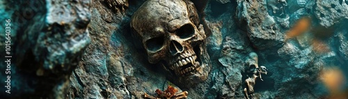 A detailed view of a skull embedded in rock, evoking a sense of mystery and exploration in an ancient, forgotten environment.