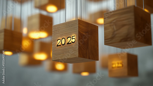 Illuminated 2025 Wooden Cubes:  A mesmerizing arrangement of glowing wooden cubes, each engraved with "2025," hangs elegantly, creating a captivating visual for the new year.