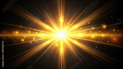 Bright lens flare rays of gold light on black background for movie titles and transitions, Gold, warm, color, bright, lens flare