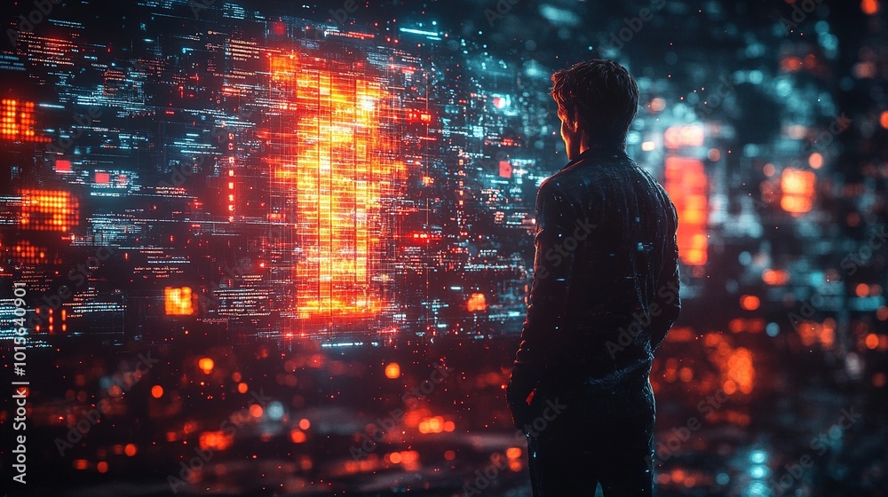 Man Gazing into Digital Wall Man Gazing into Digital Wall