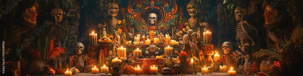 Obraz premium A vibrant altar adorned with candles, skulls, and colorful decorations, representing a traditional celebration of life and death.