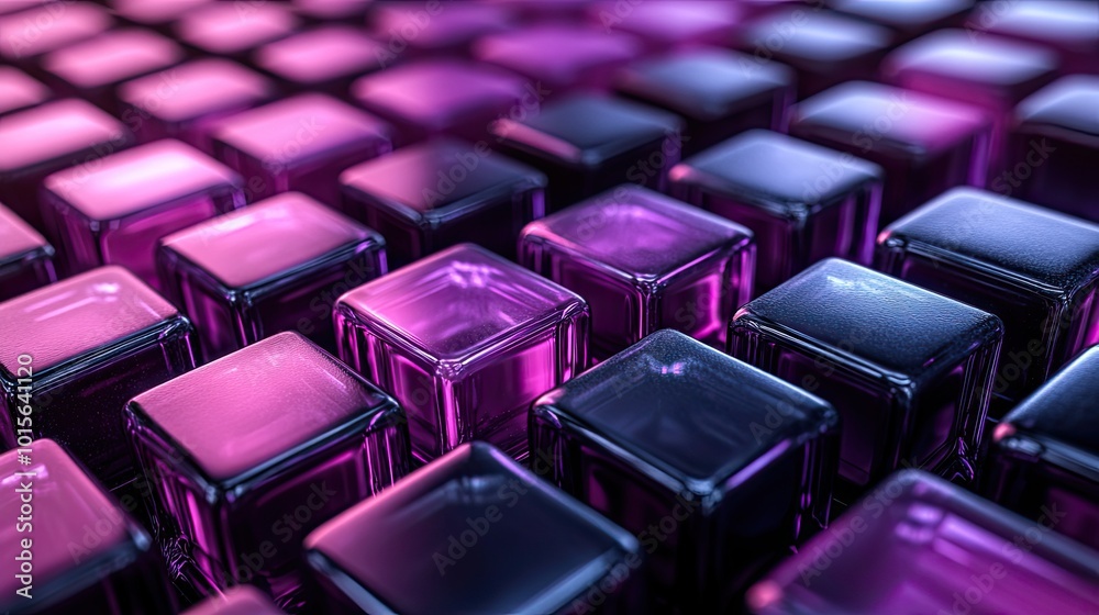 Obraz premium Perfectly aligned lilac and black translucent cubes form a modern tech-inspired background in this 3D render.